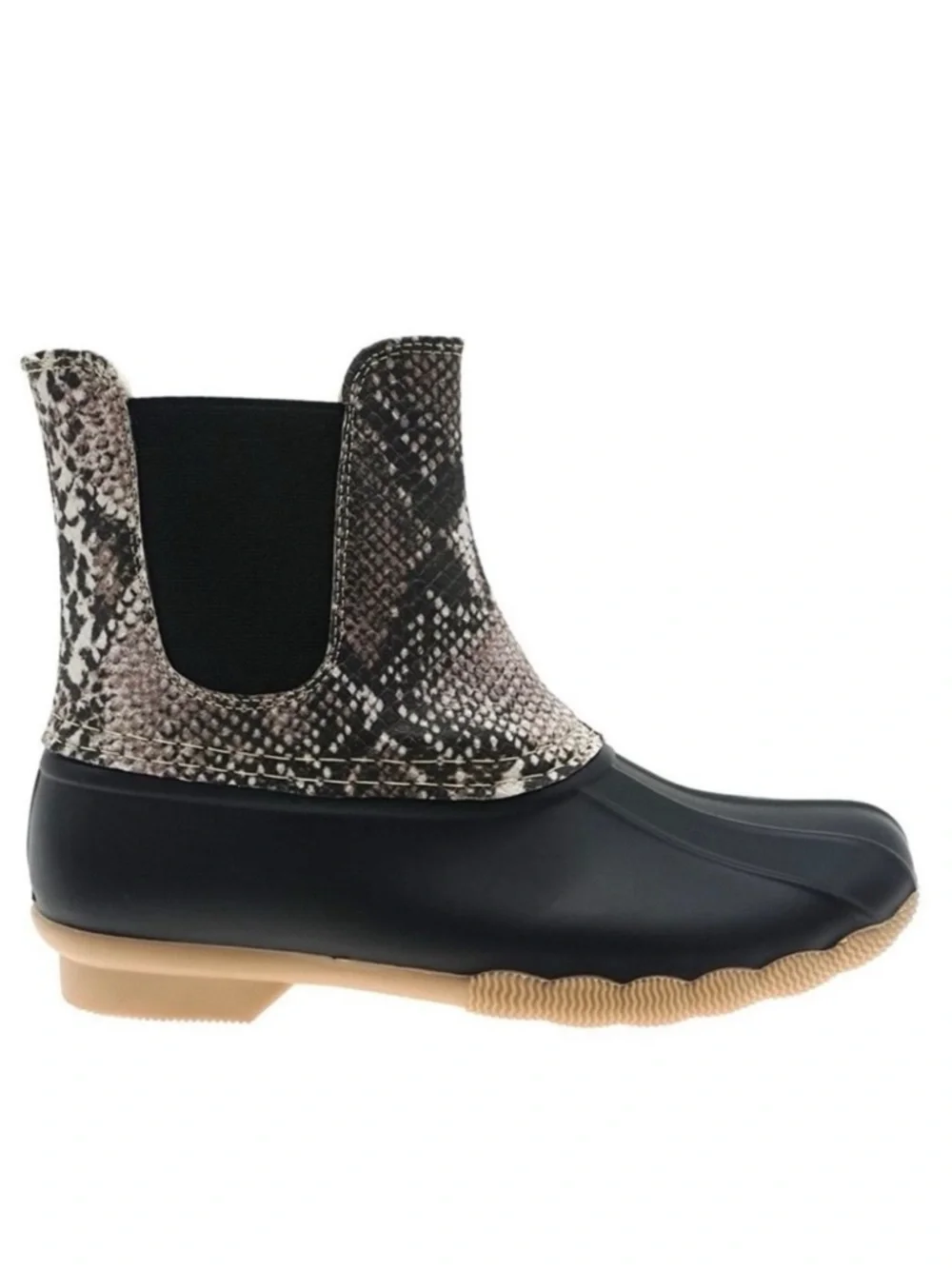Outwoods Taupe And Black Snake Print Fleece Lined Duck Boots Rain Snow Boots